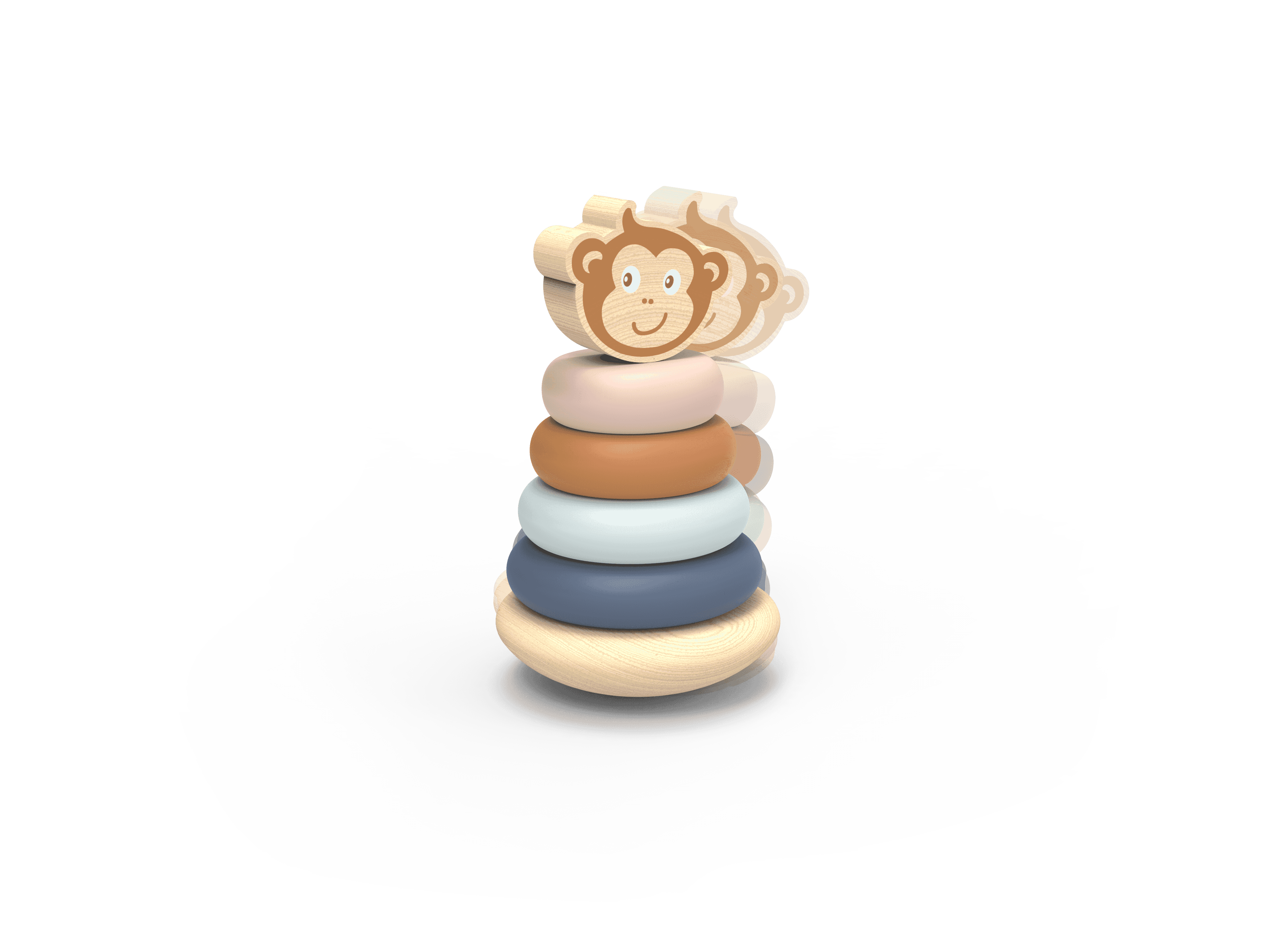 Speedy Monkey Wooden Toy ring stacker fully assembled with soft-toned rings and smiling monkey topper, perfect for baby learning play.