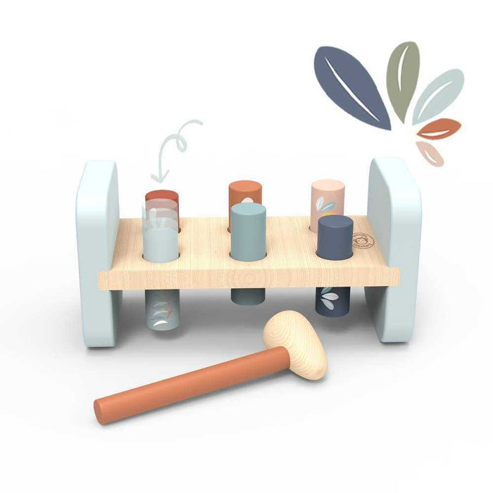 Speedy Monkey Hammer Peg Bench wooden toy with pastel-colored pegs and hammer, designed for toddler hand-eye coordination and motor skill development.