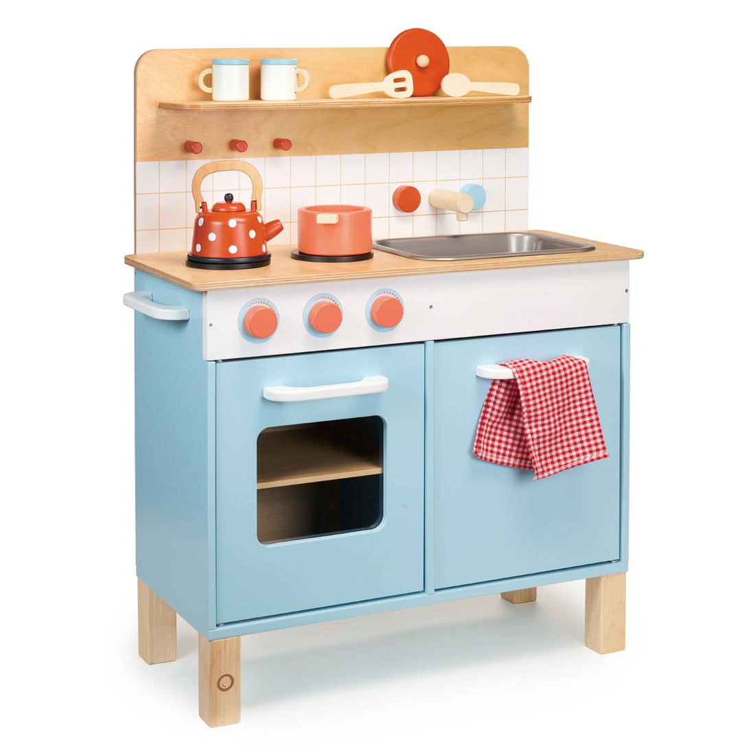 Wooden Role Play Kitchen - Mentari Toys in pastel blue with stove, sink, and accessories for kids aged 3+. Ideal for pretend cooking and role play fun.