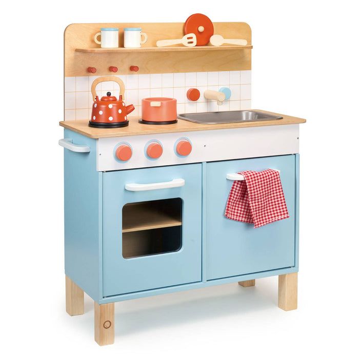 Wooden Role Play Kitchen - Mentari Toys in pastel blue with stove, sink, and accessories for kids aged 3+. Ideal for pretend cooking and role play fun.