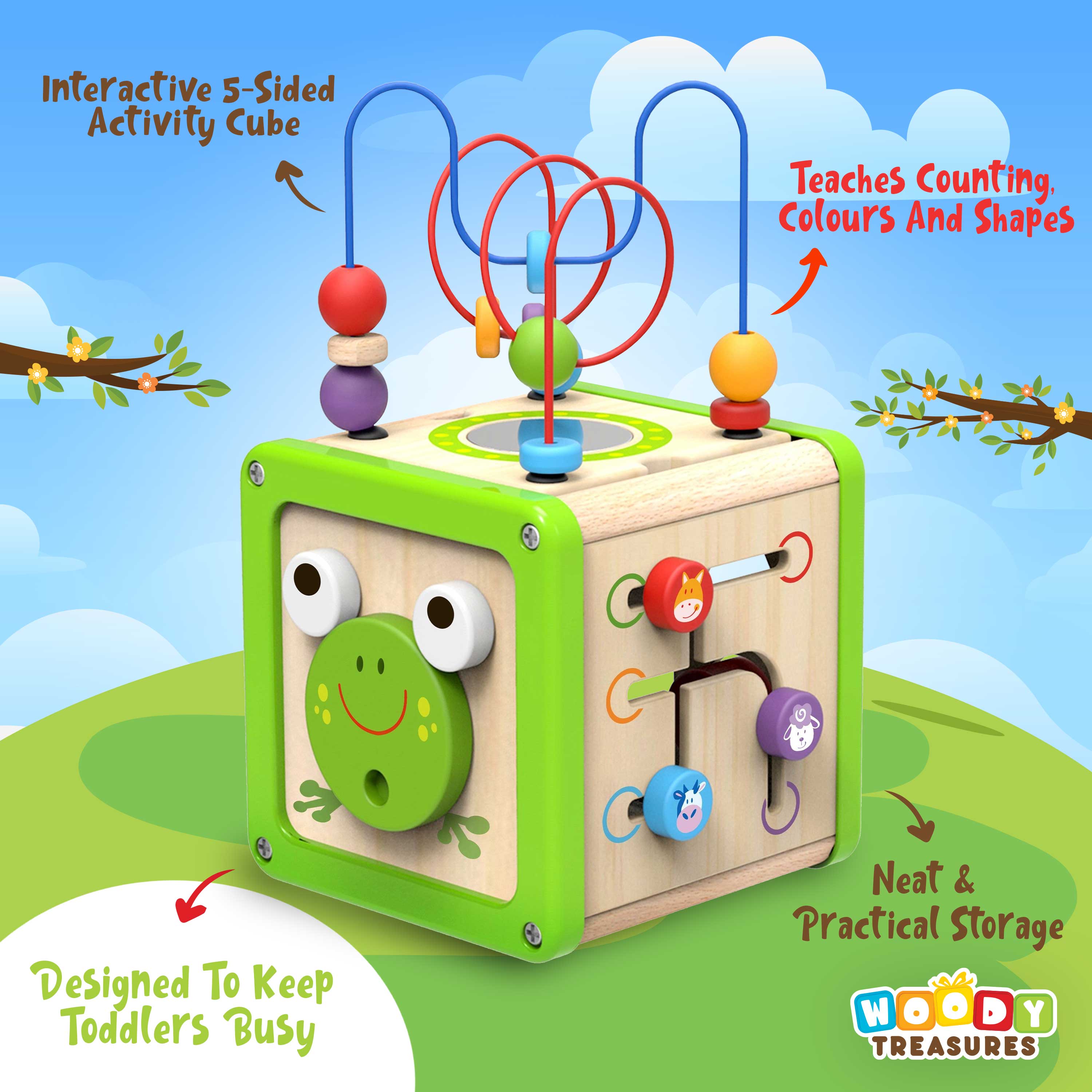 Small Wooden Activity Play Cube - 5 Activities: Woody Treasures - Imagination Wooden Toys