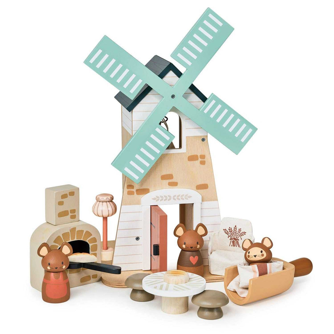 Penny Windmill Character Play Set Wooden Toy featuring a whimsical windmill, oven, and three adorable mouse figurines in a cozy woodland scene.
