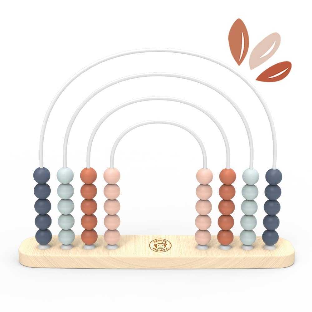 Speedy Monkey Wooden Rainbow Abacus with pastel-colored beads on a natural wood base, designed for preschool counting and learning activities.