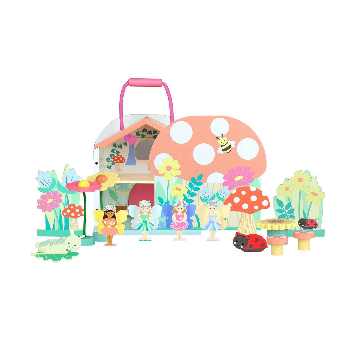 Orange Tree Toys Wooden Fairy Character House Play Set with 18 colorful pieces including fairies, bugs, and a floral play mat for ages 3+.