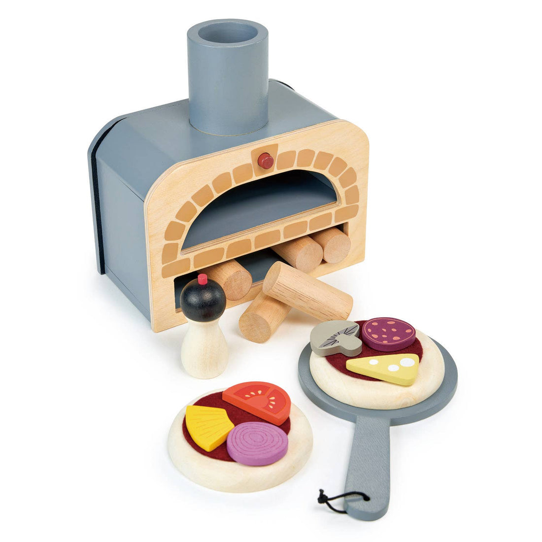 Make Me a Pizza! - Wooden Pizza Oven Toy Play Set with oven, toppings, paddle, and pepper grinder for pretend play kitchens. Ideal for kids age 3+.