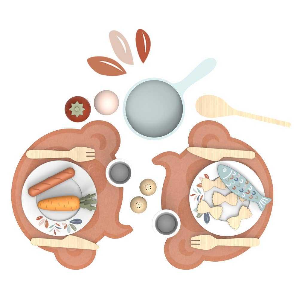 Top view of Wooden Play Toy Kitchen Dining Set Plates and Cups - 19 Pieces arranged with toy food, cups, and utensils on bear placemats.