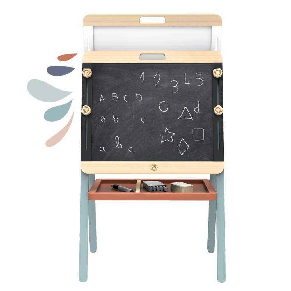 Speedy Monkey Childs Wooden Adjustable Easel & Chalk Board with blackboard side showing letters, numbers, and shapes. Includes tray with chalk and eraser.