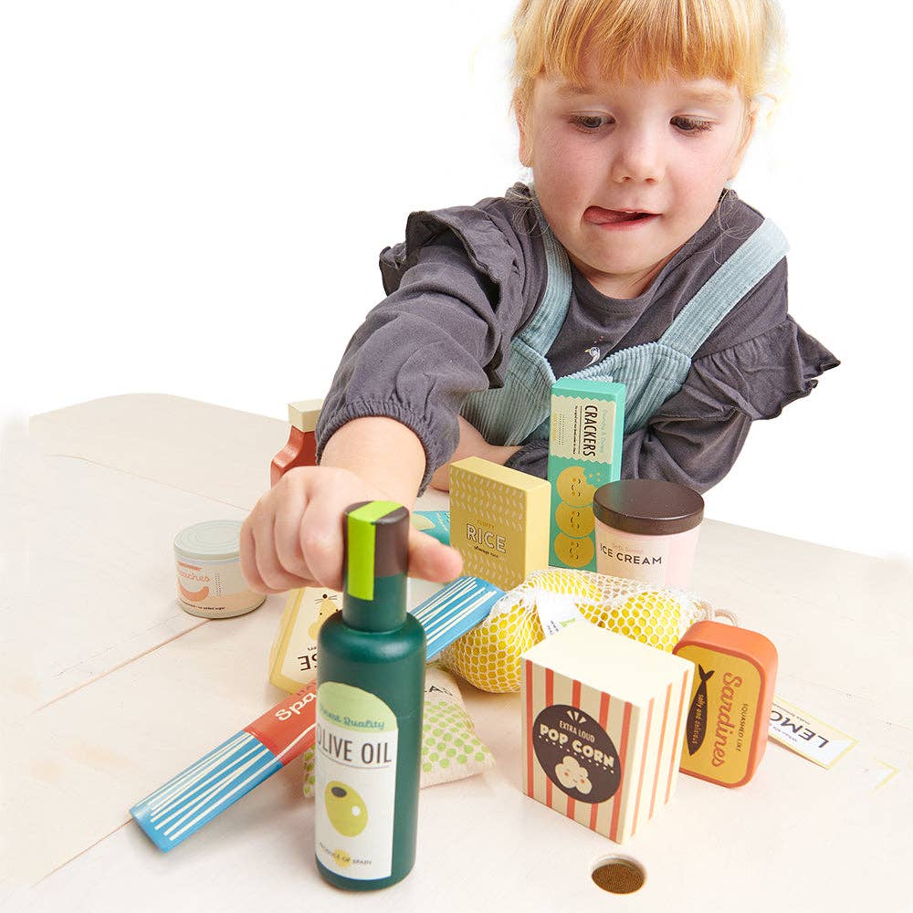Supermarket Shop Grocery Set Wooden Toy Play Set featuring colorful wooden play food items like cheese, ice cream, and olive oil for pretend play.