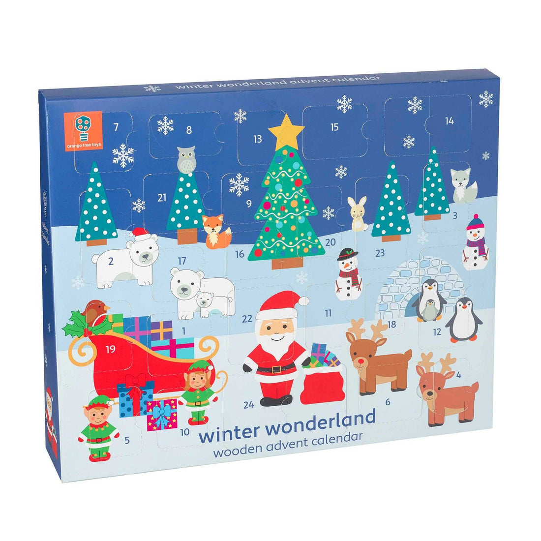 Winter Wonderland Advent Calendar with 24 wooden pieces featuring Santa, animals, and festive icons in numbered compartments for holiday countdown.