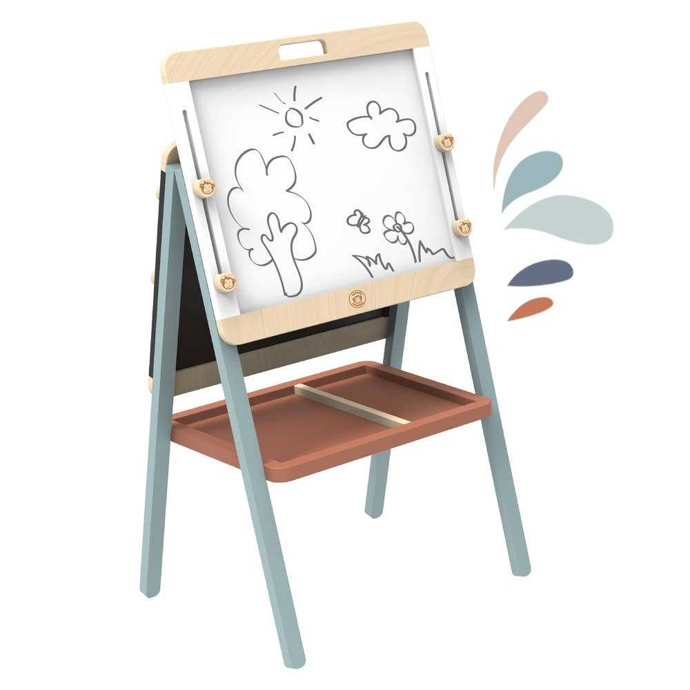 Speedy Monkey Childs Wooden Adjustable Easel & Chalk Board featuring whiteboard side with childlike drawings of trees, sun, and flowers. Ideal for creative play.
