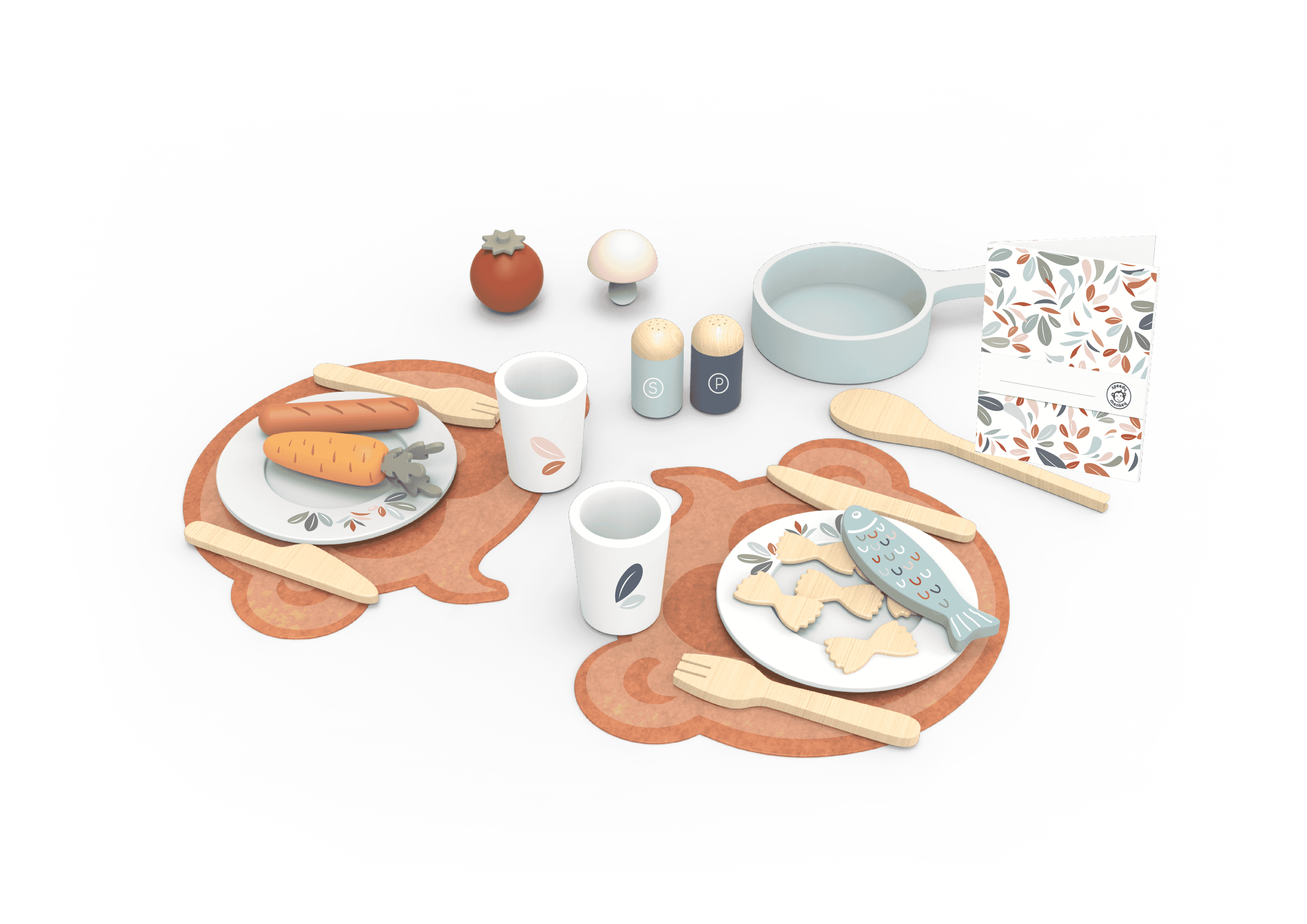 Wooden Play Toy Kitchen Dining Set Plates and Cups - 19 Pieces featuring realistic toy food, utensils, and plates on bear-shaped placemats.