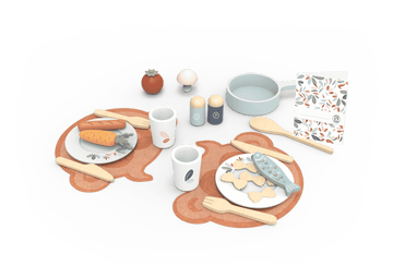 Wooden Play Toy Kitchen Dining Set Plates and Cups - 19 Pieces featuring realistic toy food, utensils, and plates on bear-shaped placemats.