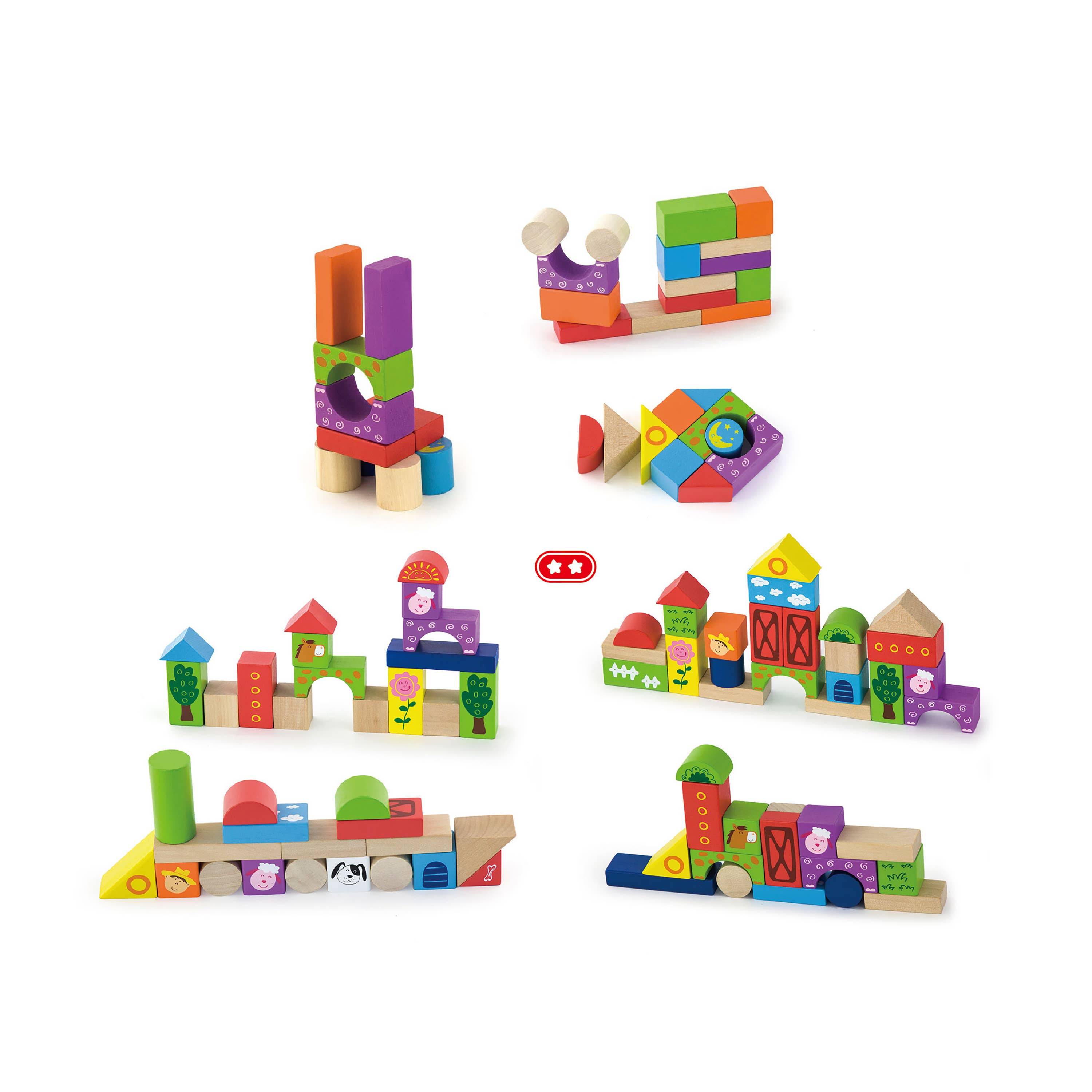 Farm Yard Wooden Building Stacking Blocks - 50 Piece Tub Set - Imagination Wooden Toys