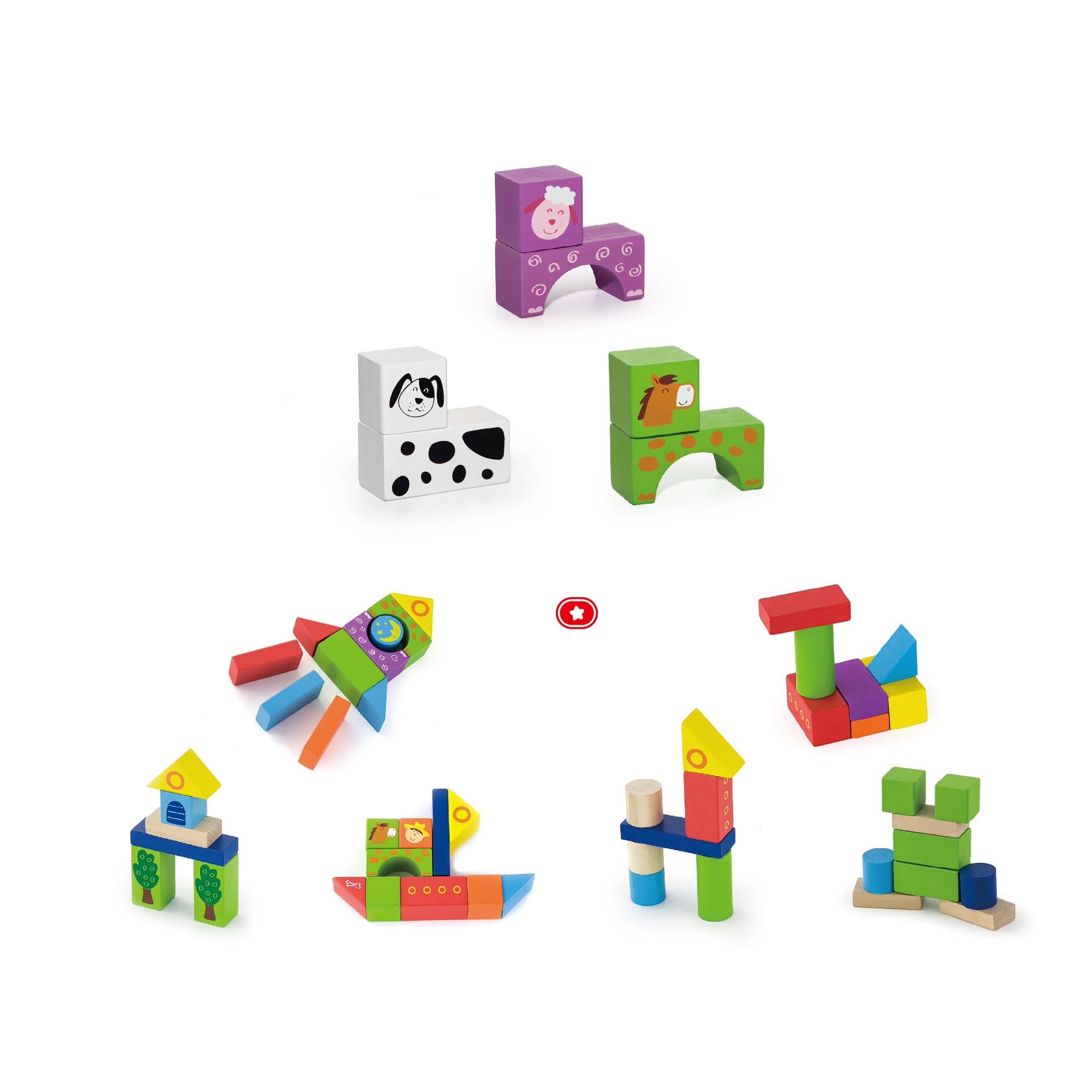 Farm Yard Wooden Building Stacking Blocks - 50 Piece Tub Set - Imagination Wooden Toys