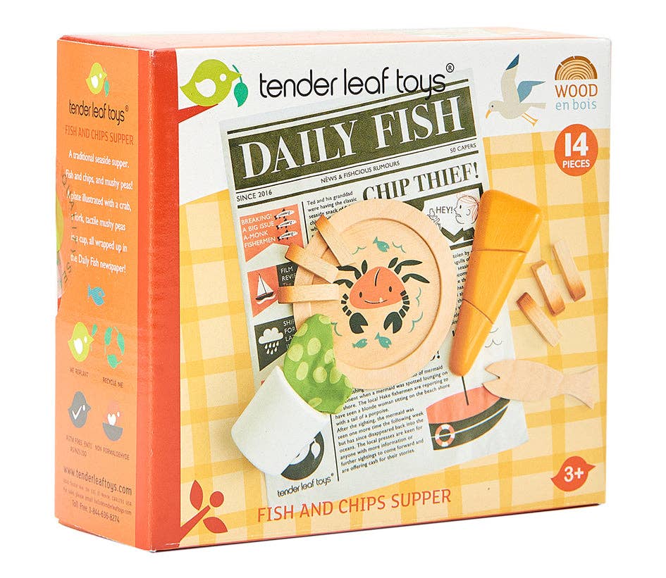 Tender Leaf Toys Fish and Chips Supper packaging showcasing the wooden play food set with 14 pieces, designed for creative pretend play. Age 3+.