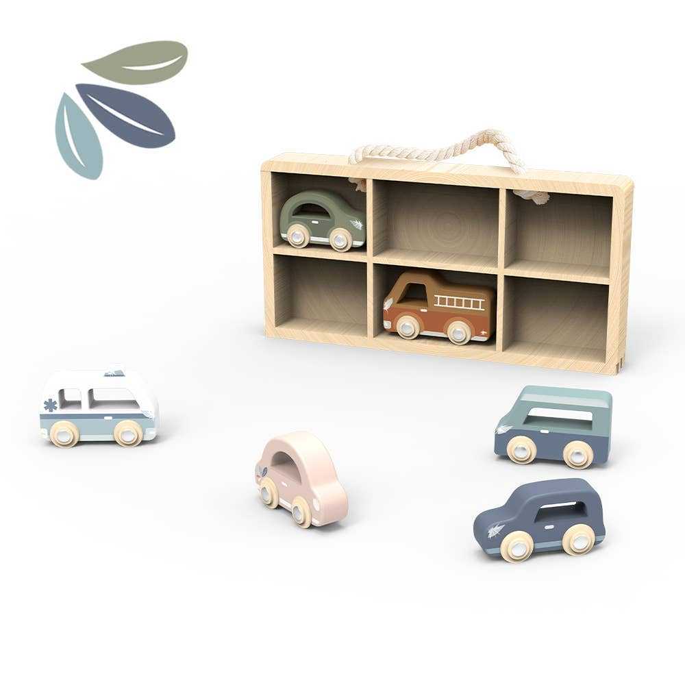 Speedy Monkey Wooden Car Display Case with 6 colorful wood vehicles neatly stored in a natural wood case with rope handle for toddlers aged 3+.