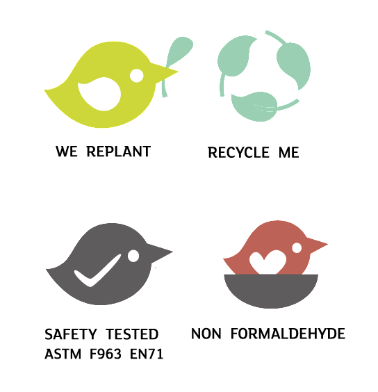 Tender Leaf Toys brand icons representing sustainability, eco-friendliness, and quality craftsmanship, associated with the Birdie Tea Tray Set.