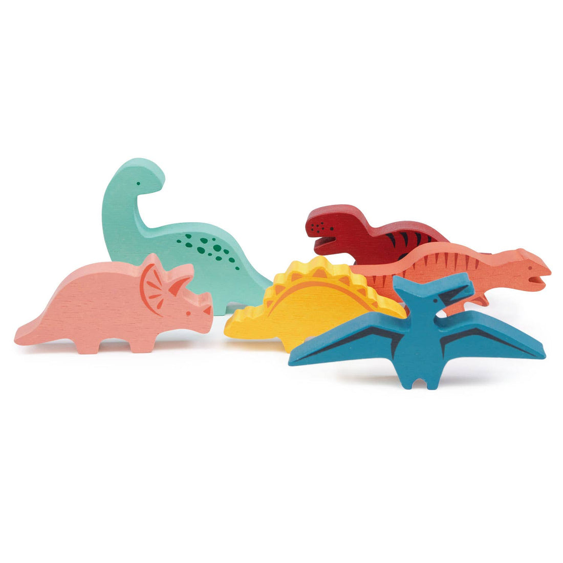 Mentari Happy Stacking Dinosaurs Wooden Toy Play Set with six colorful dinosaur figures stacked beside a printed drawstring storage bag.