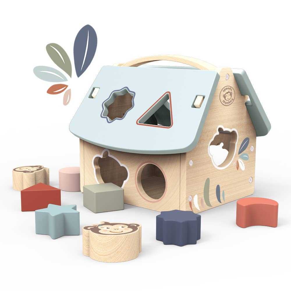 Speedy Monkey - Wooden Shape Sorter in house design with 8 colorful blocks for early learning. Ideal for toddlers aged 1-3 years.
