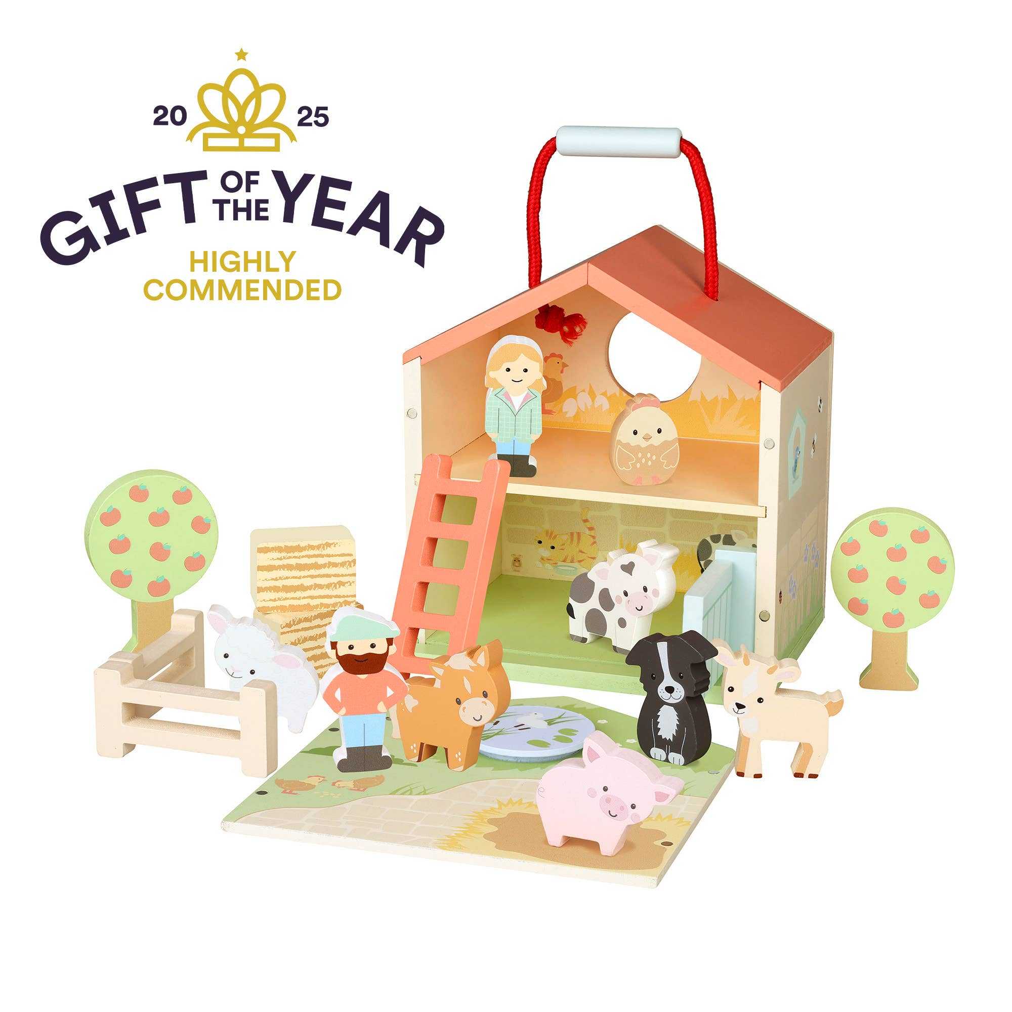 Wooden Farmyard Animals Toy Play Set - 19 pieces inc farmer & wife, featuring barn, animals, trees, and accessories for imaginative farm play.