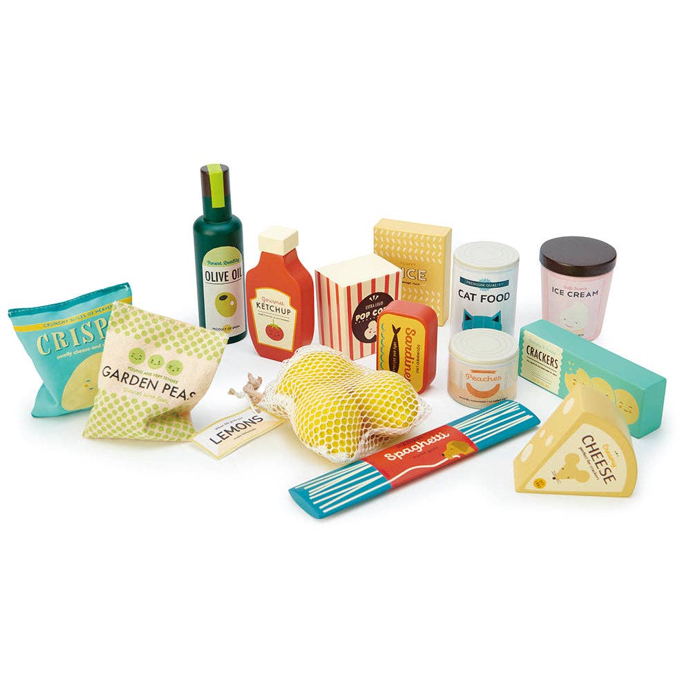 Complete Supermarket Shop Grocery Set Wooden Toy Play Set includes wooden toy food like ketchup, rice, peas, and popcorn for imaginative play.