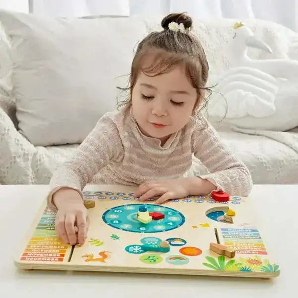 Wooden Educational Toy: Forest Calendar with colorful sliders for date, time, weather, and seasons. Ideal learning board for kids aged 3+.