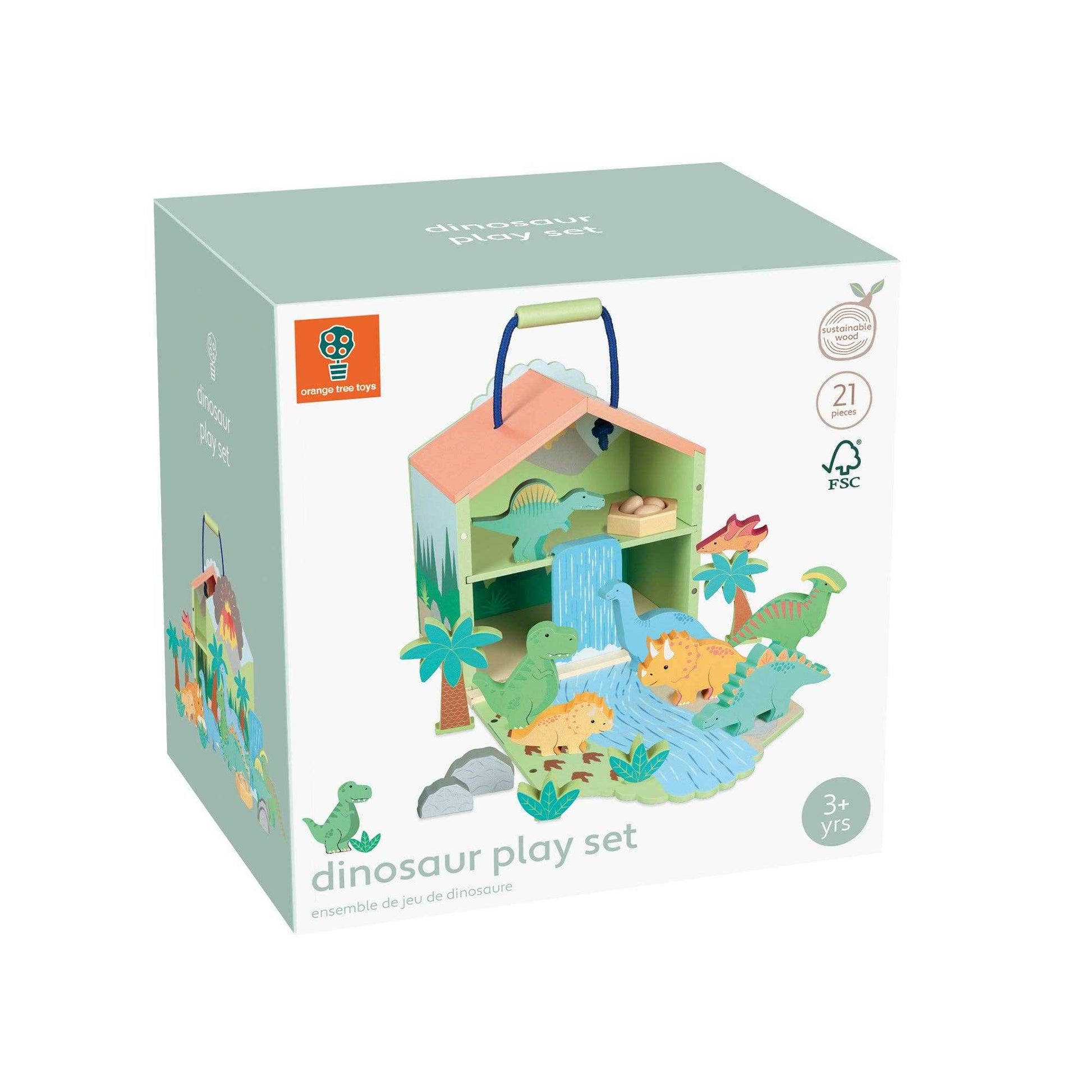 Retail packaging of Wooden Dinosaur Toy Play Set - 21 Pieces inc Trex by Orange Tree Toys, suitable for children aged 3 and up.