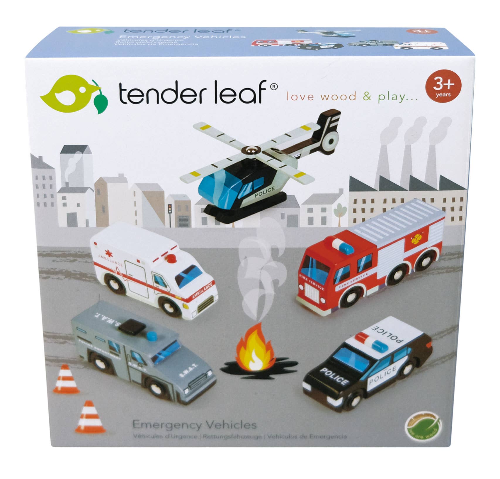 Retail packaging of Wooden Toy Emergency Vehicles Play Set by Tender Leaf Toys, showing five emergency vehicles for children aged 3 and up.