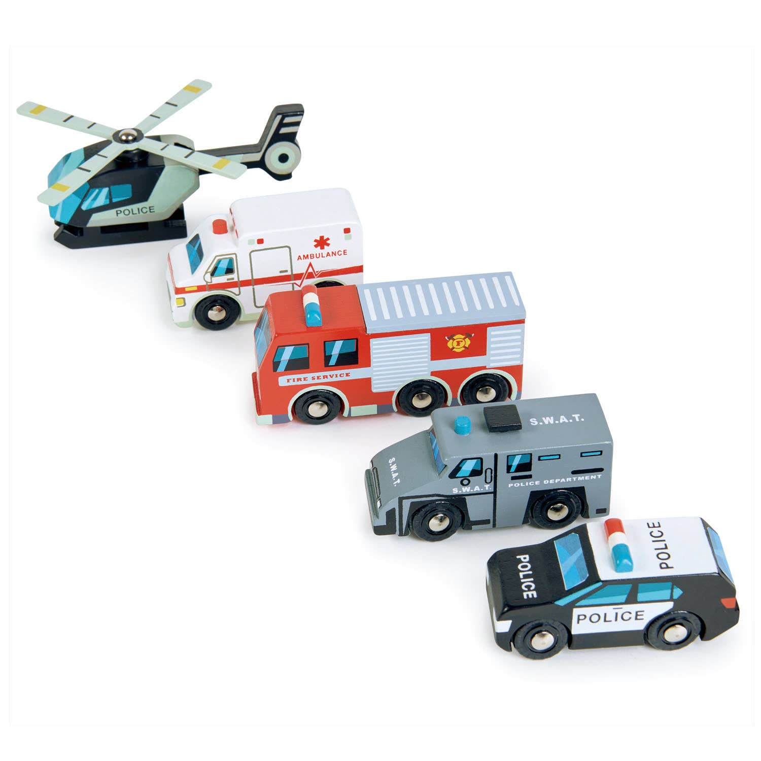 Lineup of Wooden Toy Emergency Vehicles including police helicopter, ambulance, fire truck, SWAT van, and police car for kids' rescue missions.