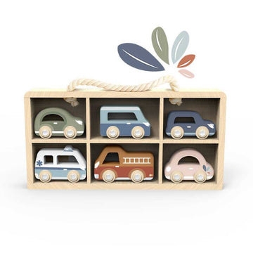 Speedy Monkey Wooden Car Display Case with 6 colorful wood vehicles neatly stored in a natural wood case with rope handle for toddlers aged 3+.
