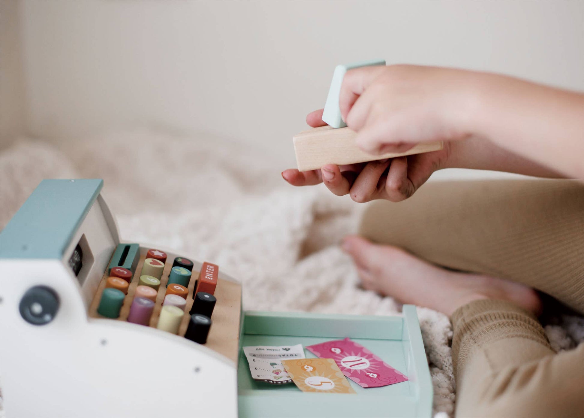 Close-up of child using scanner from Wooden Role Play Shop Till & Scanner - General Stores Till, enhancing imaginative retail play.