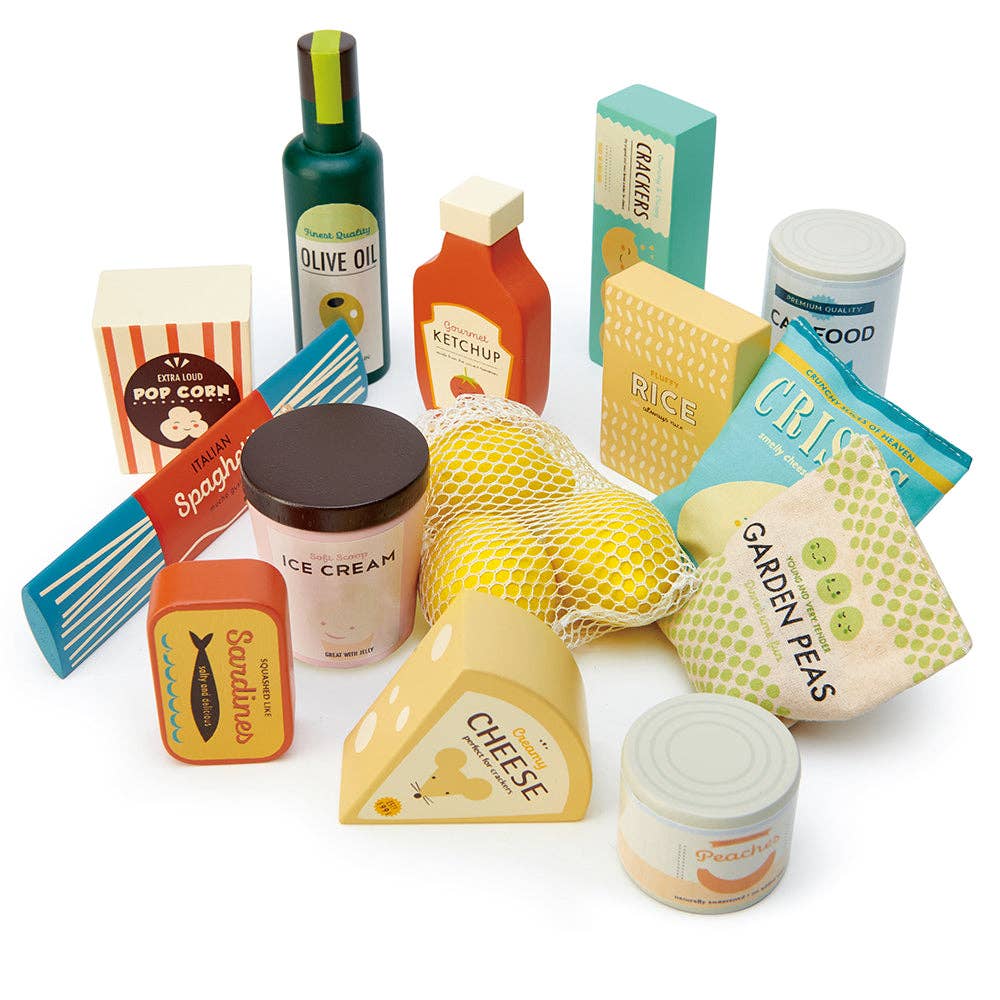 Assorted wooden food items from Supermarket Shop Grocery Set Wooden Toy Play Set, ideal for pretend shopping and kitchen role play for kids aged 3+.