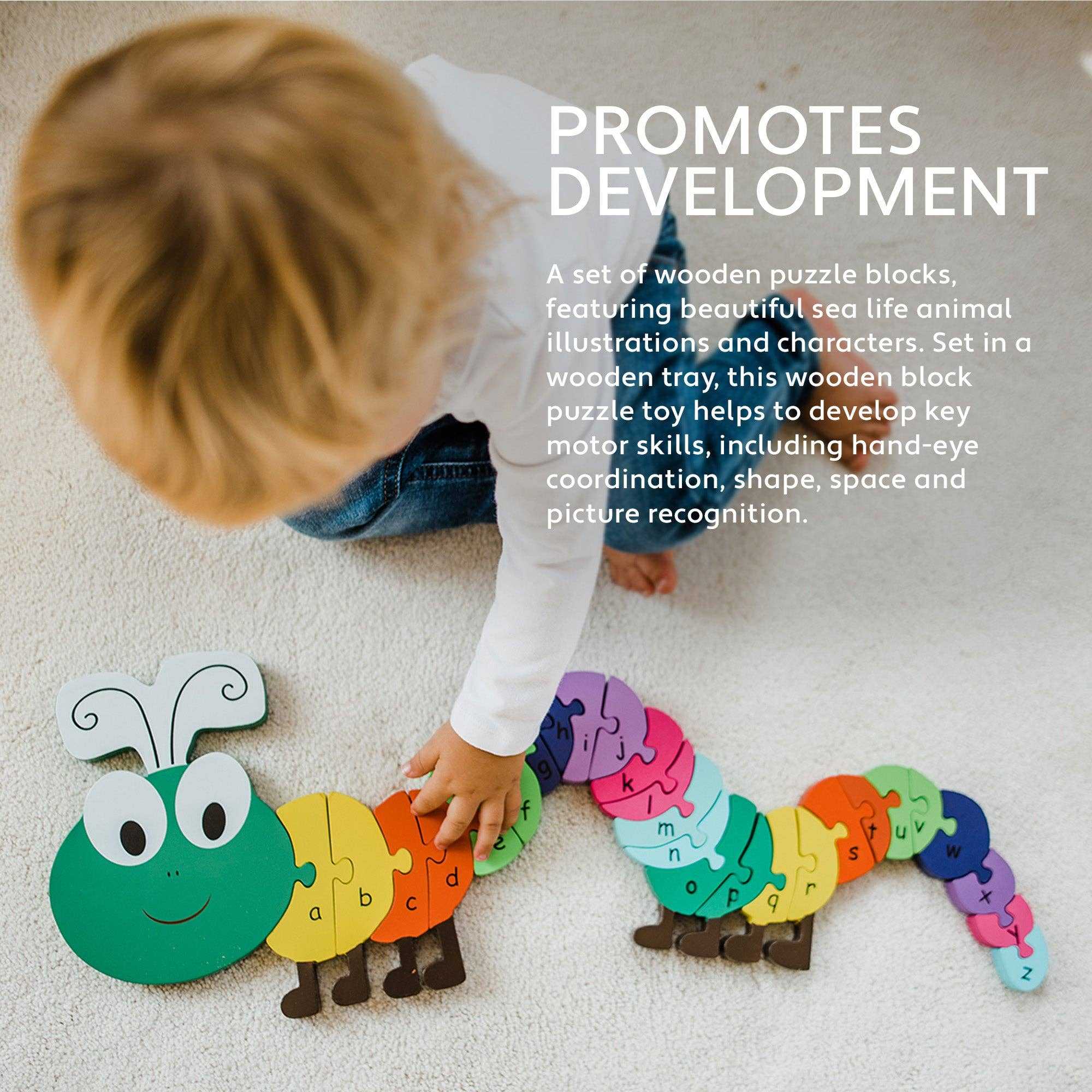 ABC Puzzle - Vibrant Wooden Caterpillar Alphabet Toy with colorful lettered segments. Ideal for toddlers to develop motor skills and early learning.