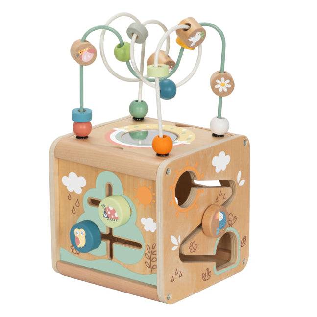 ThinkNest - Wooden Activity Cube with bead maze and animal-themed sliders to enhance fine motor skills for toddlers 12+ months.