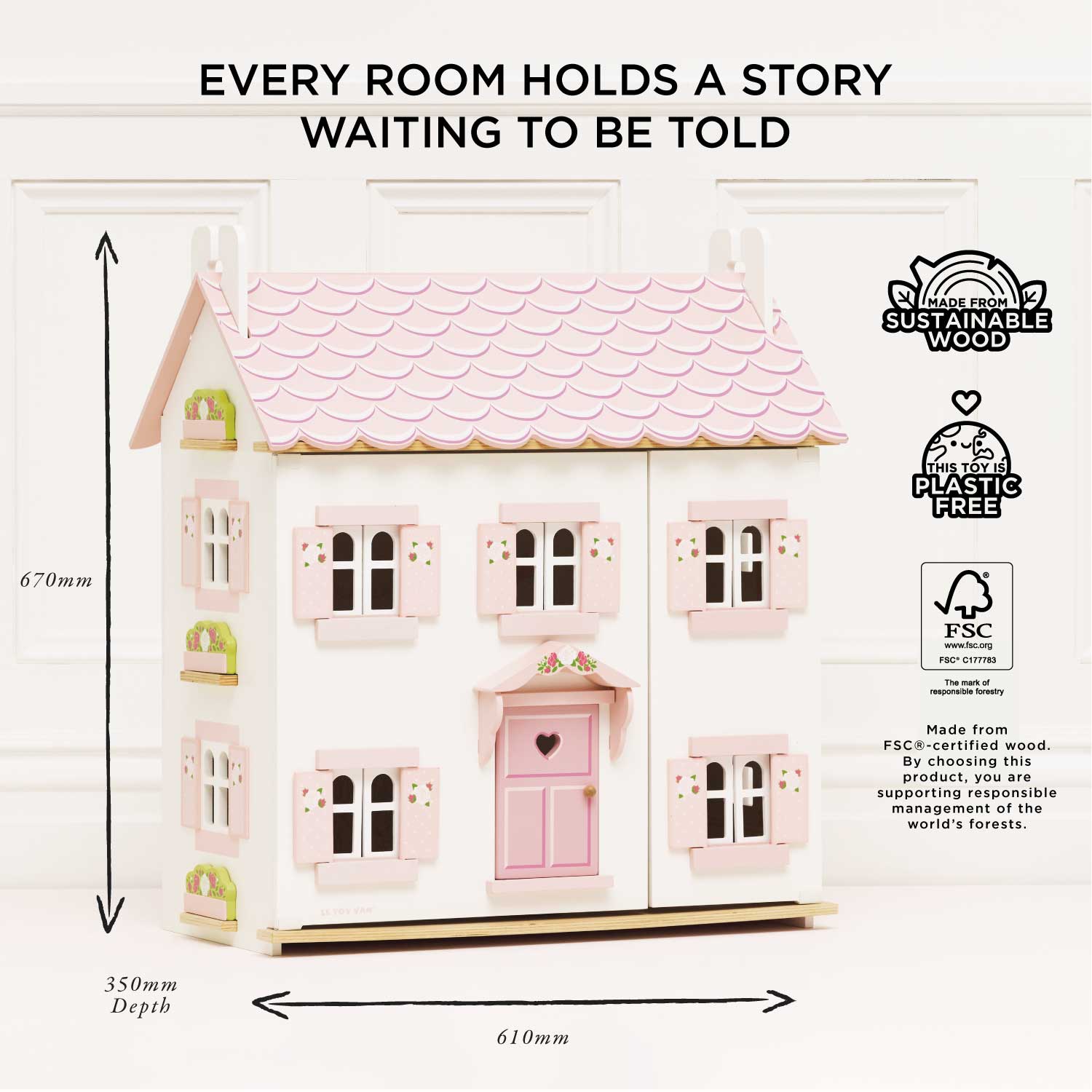 Le Toy Van Sophie's Wooden Dolls House dimensions and eco-friendly features including FSC wood and plastic-free materials.