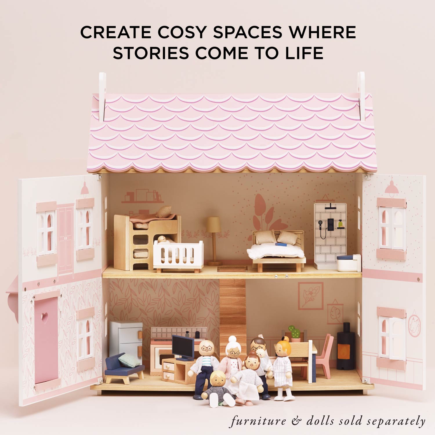 Fully furnished Le Toy Van Sophie's Wooden Dolls House with dolls and accessories, promoting storytelling and cozy play spaces.
