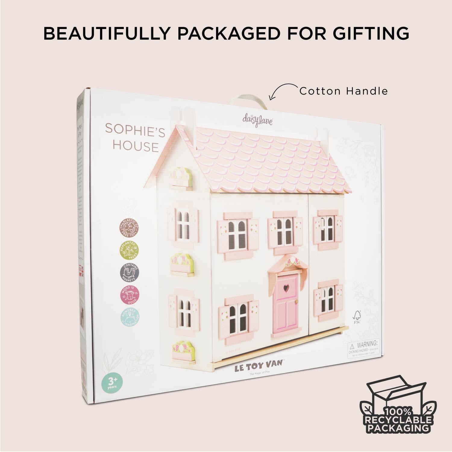 Le Toy Van Sophie's Wooden Dolls House in eco-friendly gift packaging with cotton handle, ideal for ages 3 and up.
