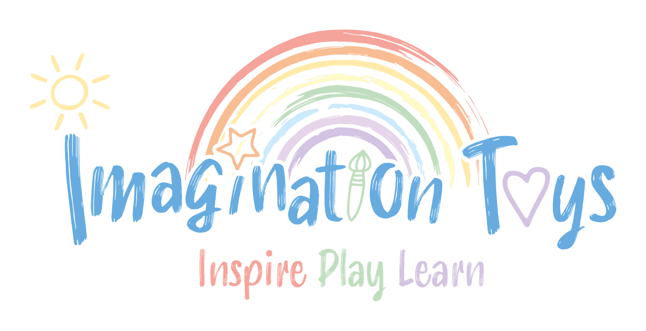 Colorful logo for Imagination Toys featuring a pastel rainbow, sun, and star with the taglineInspire Play Learn" in playful, child-friendly fonts.