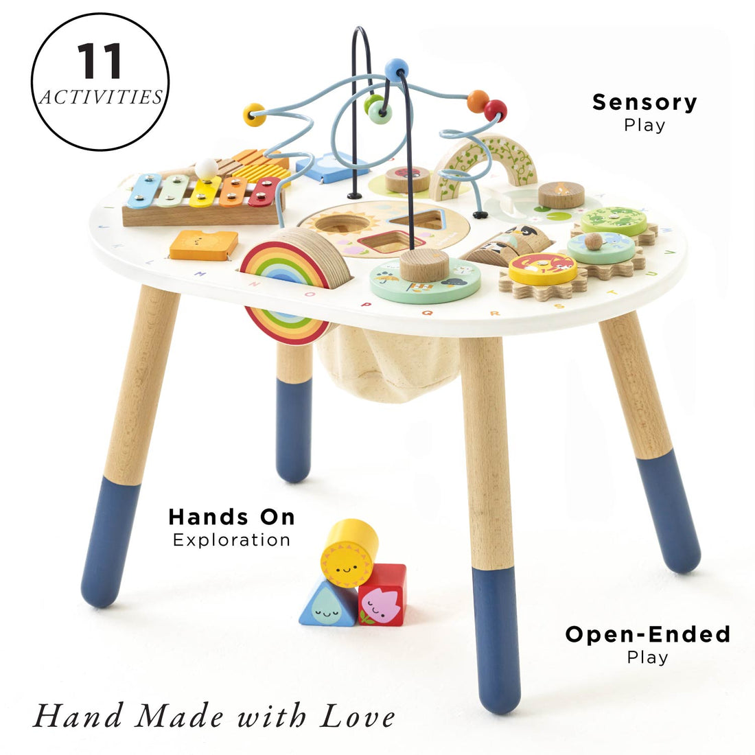 Le Toy Van Wooden Toddler Sensory Activity Table with 11 interactive features including bead maze, xylophone, and shape sorter for ages 18+ months.
