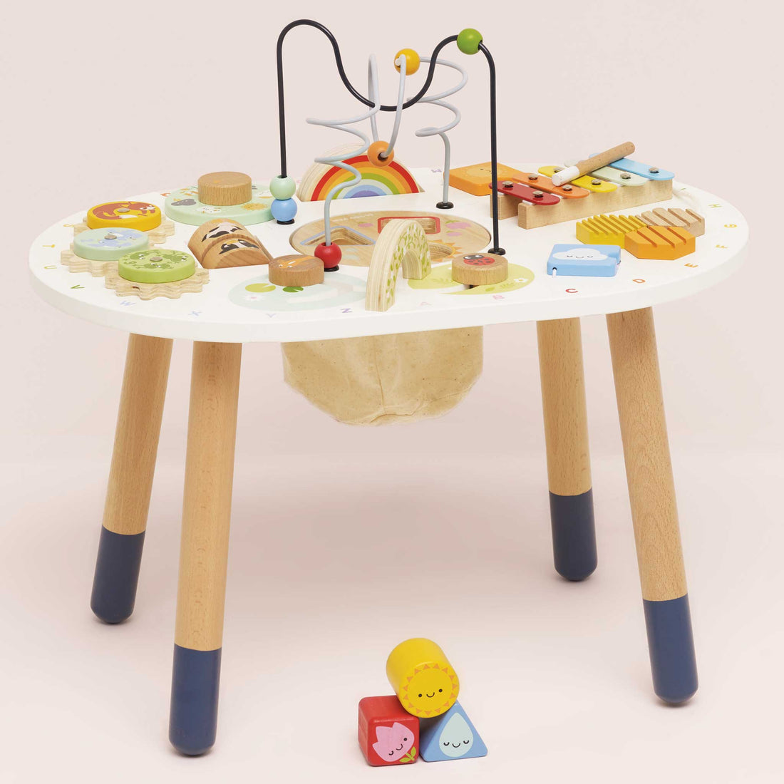 Le Toy Van Wooden Toddler Sensory Activity Table with 11 interactive features including bead maze, xylophone, and shape sorter for ages 18+ months.