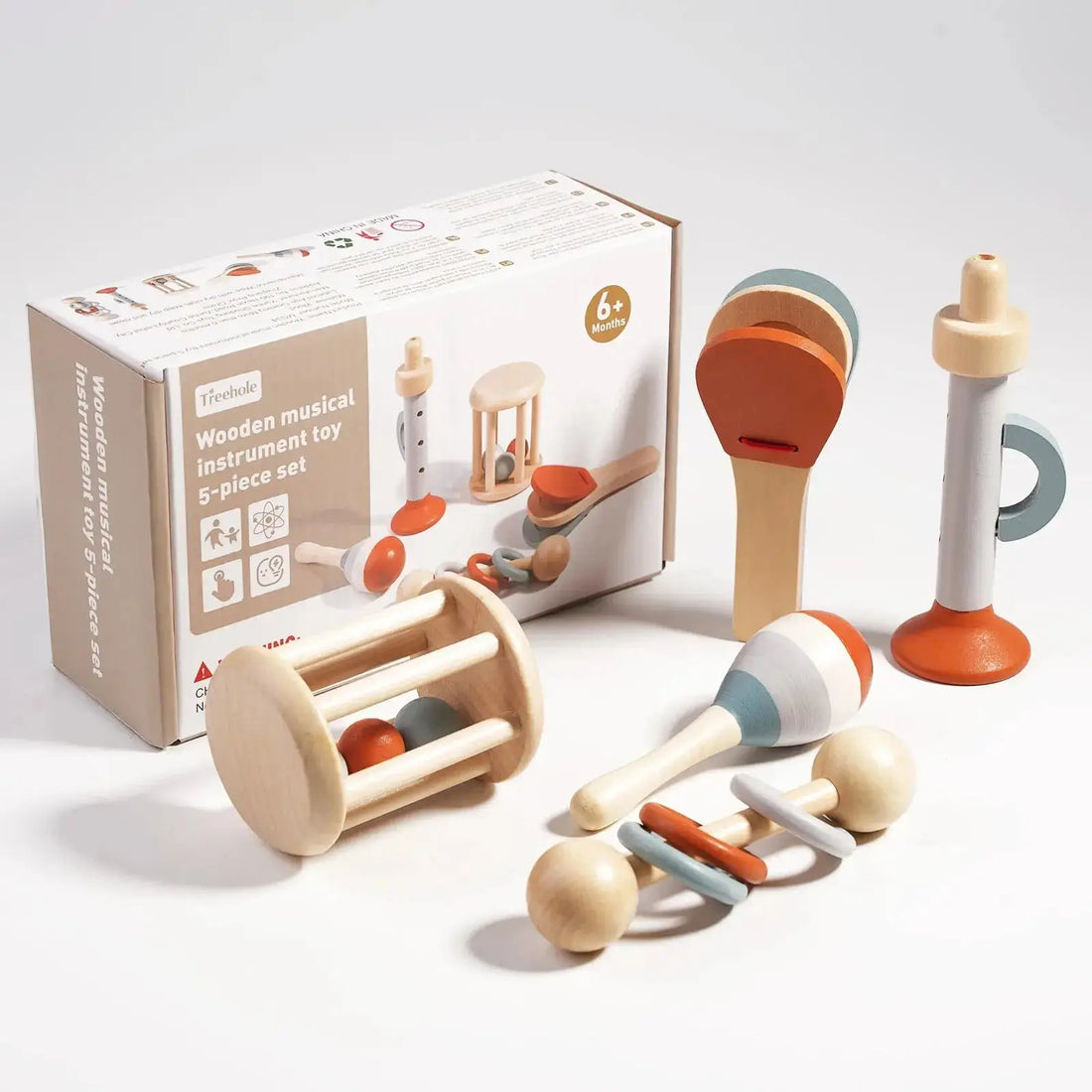 GrooveNest - Toy Instrument Set for Infants includes 5 wooden percussion toys in soft colors, ideal for sensory play and early music learning.
