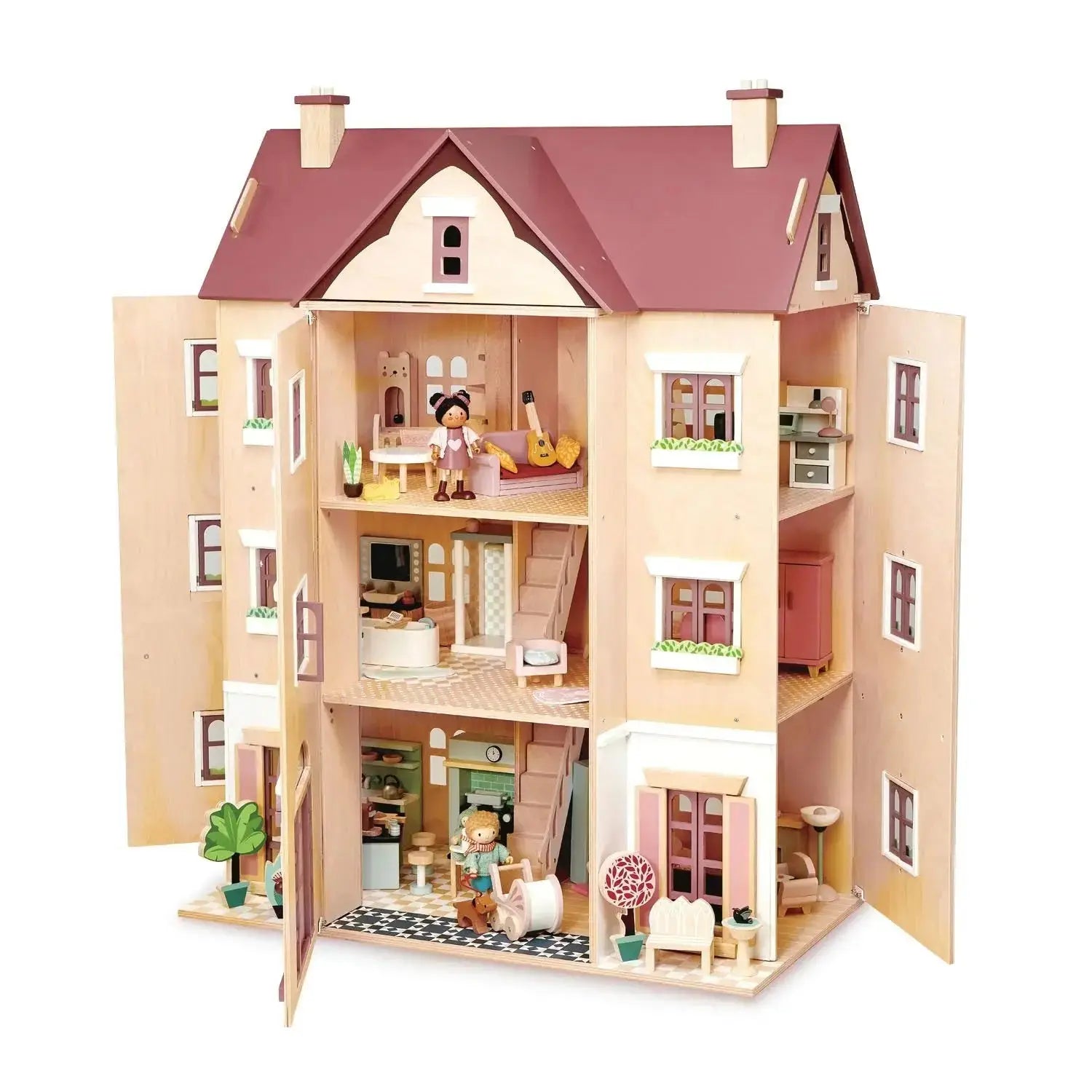 Fantail Hall wooden dolls house with open doors, showcasing a fully furnished interior with multiple rooms and detailed accessories.