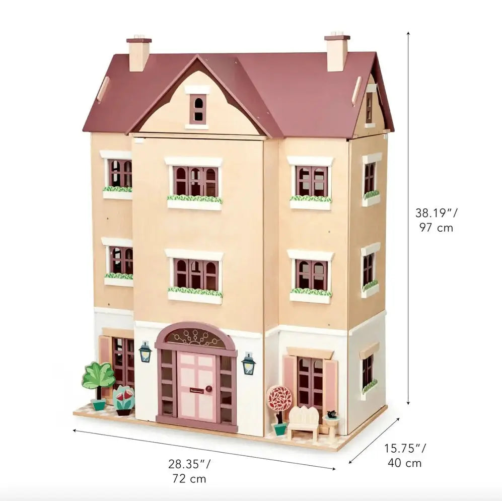 Fantail Hall wooden dolls house with dimensions labeled, measuring 97 cm tall, 72 cm wide, and 40 cm deep, ideal for creative play.