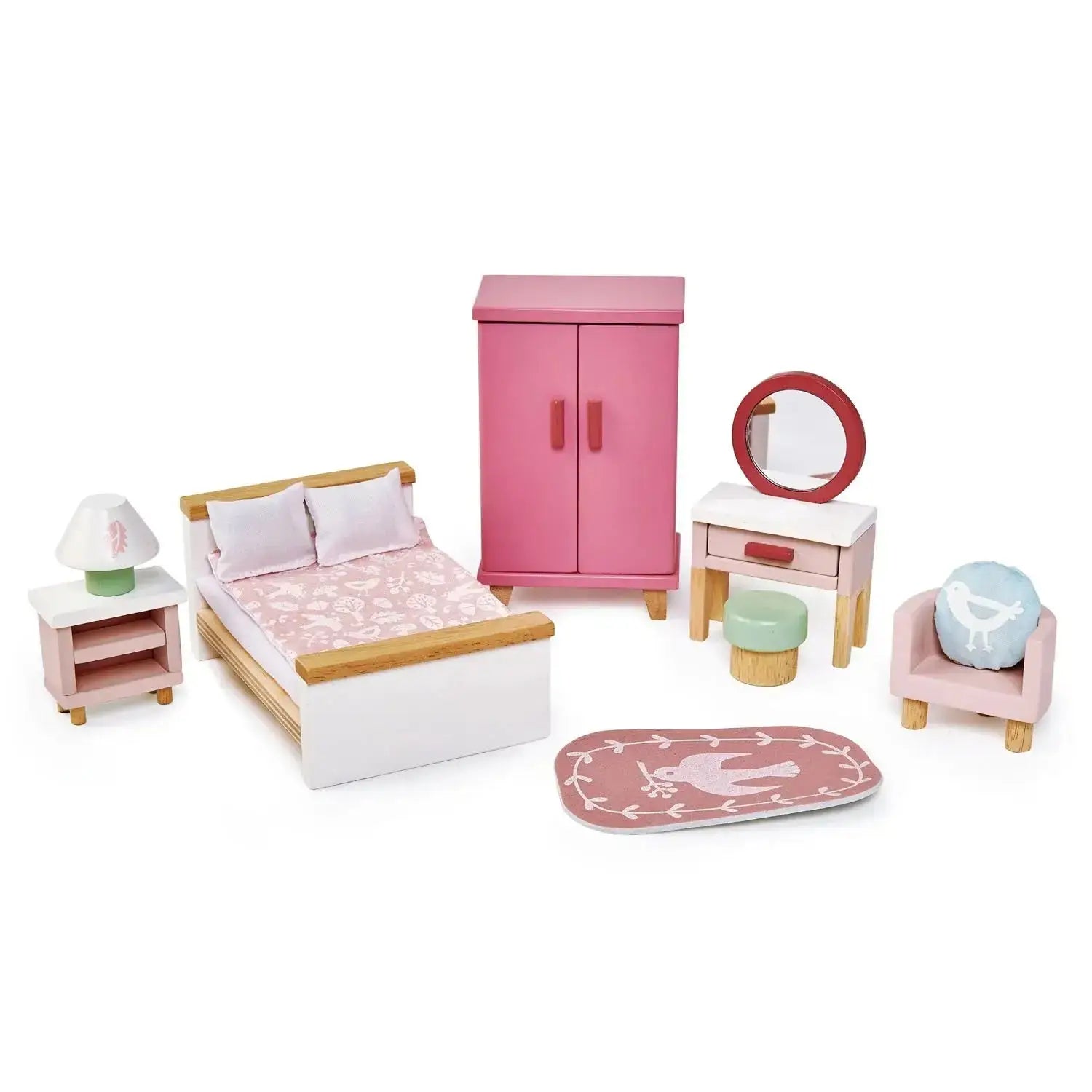 Bedroom furniture set for the Dovetail House, including a pink-themed bed, wardrobe, vanity table, and accessories for a stylish dollhouse interior.