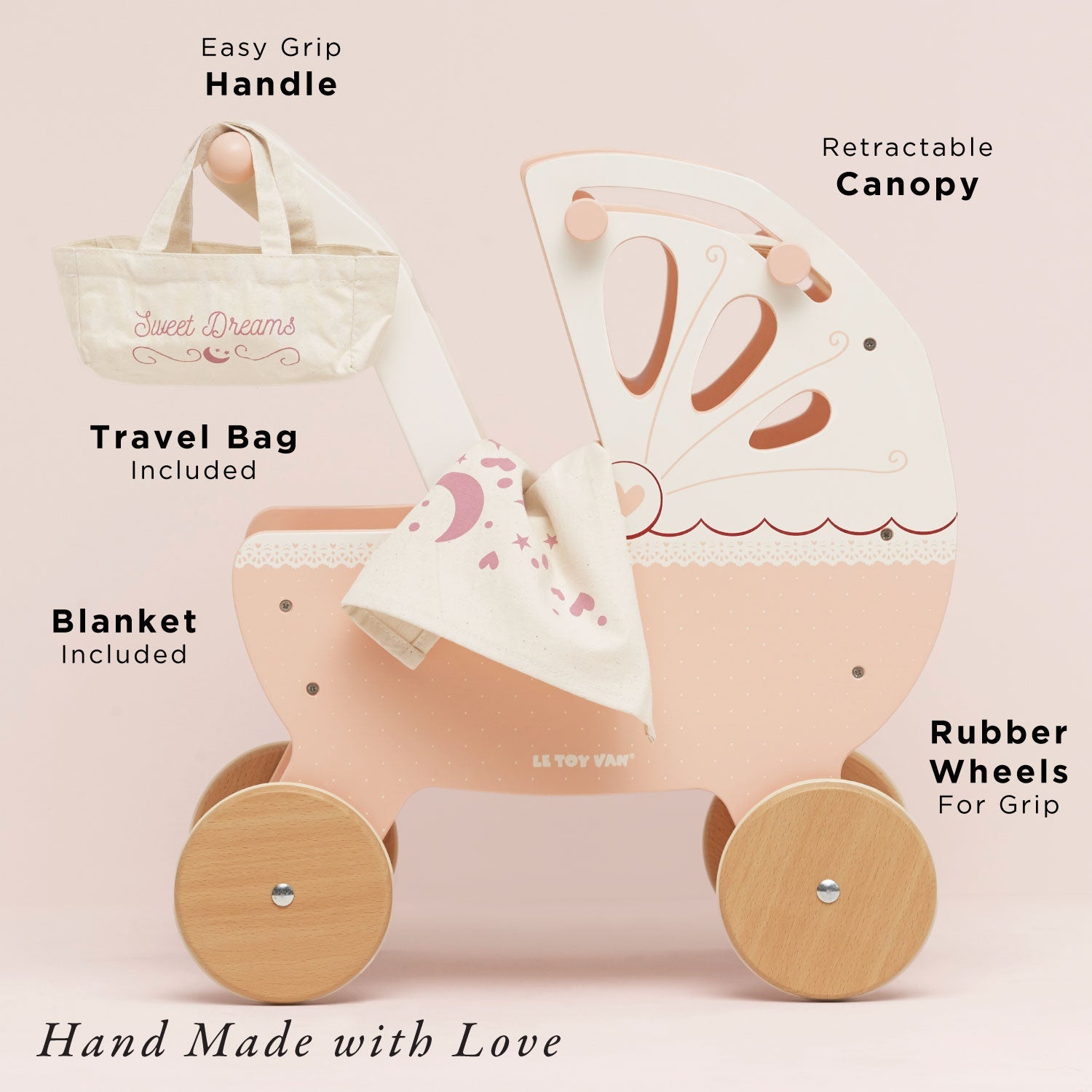 Ley Toy Van Retro Wooden Doll's Pram features labeled parts including easy grip handle, retractable canopy, rubber wheels, blanket, and travel bag.