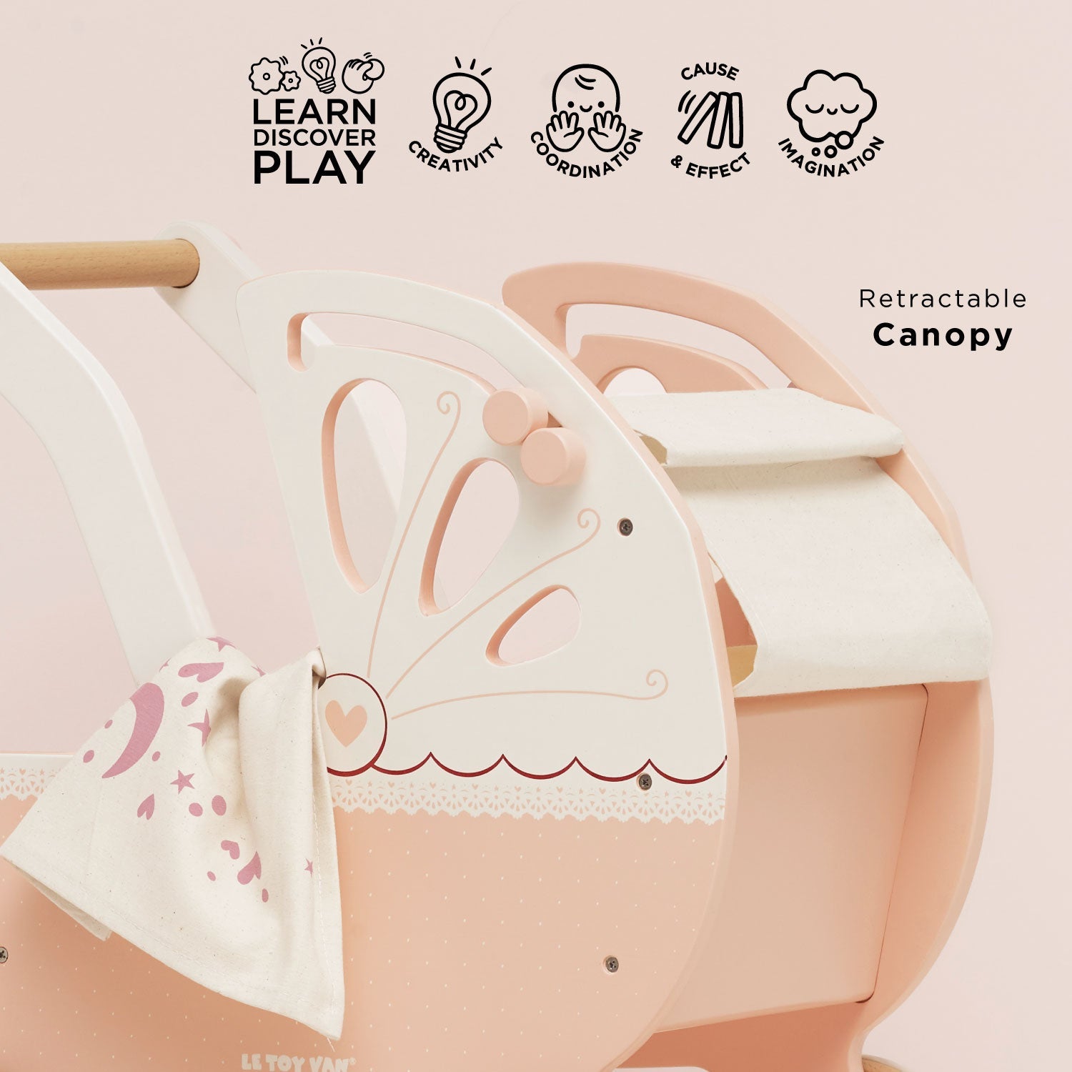 Close-up of Ley Toy Van Retro Wooden Doll's Pram showing retractable canopy and icons highlighting creativity, coordination, and imagination benefits.