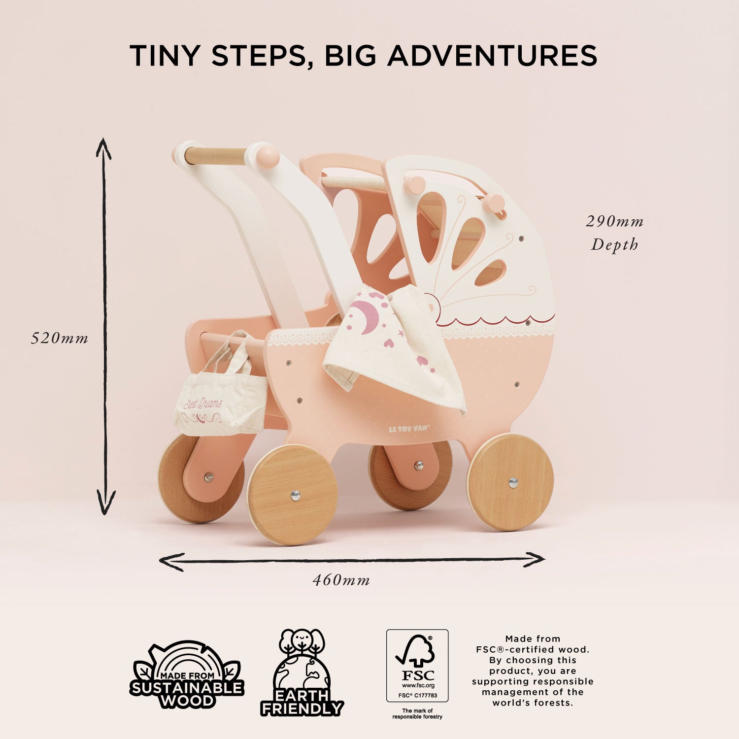 Ley Toy Van Retro Wooden Doll's Pram dimensions shown with FSC-certified wood and eco-friendly icons, ideal for imaginative play for ages 3+.
