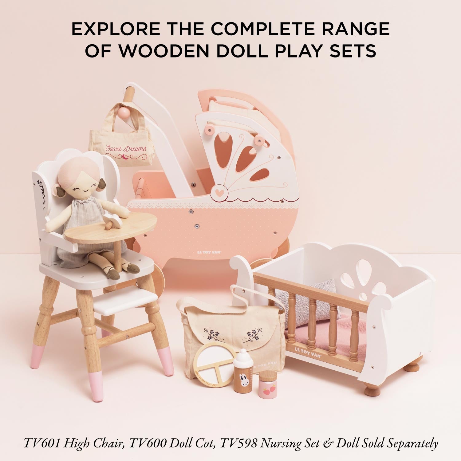 Ley Toy Van Retro Wooden Doll's Pram displayed with matching wooden doll playsets including high chair, doll cot, and nursing set sold separately.