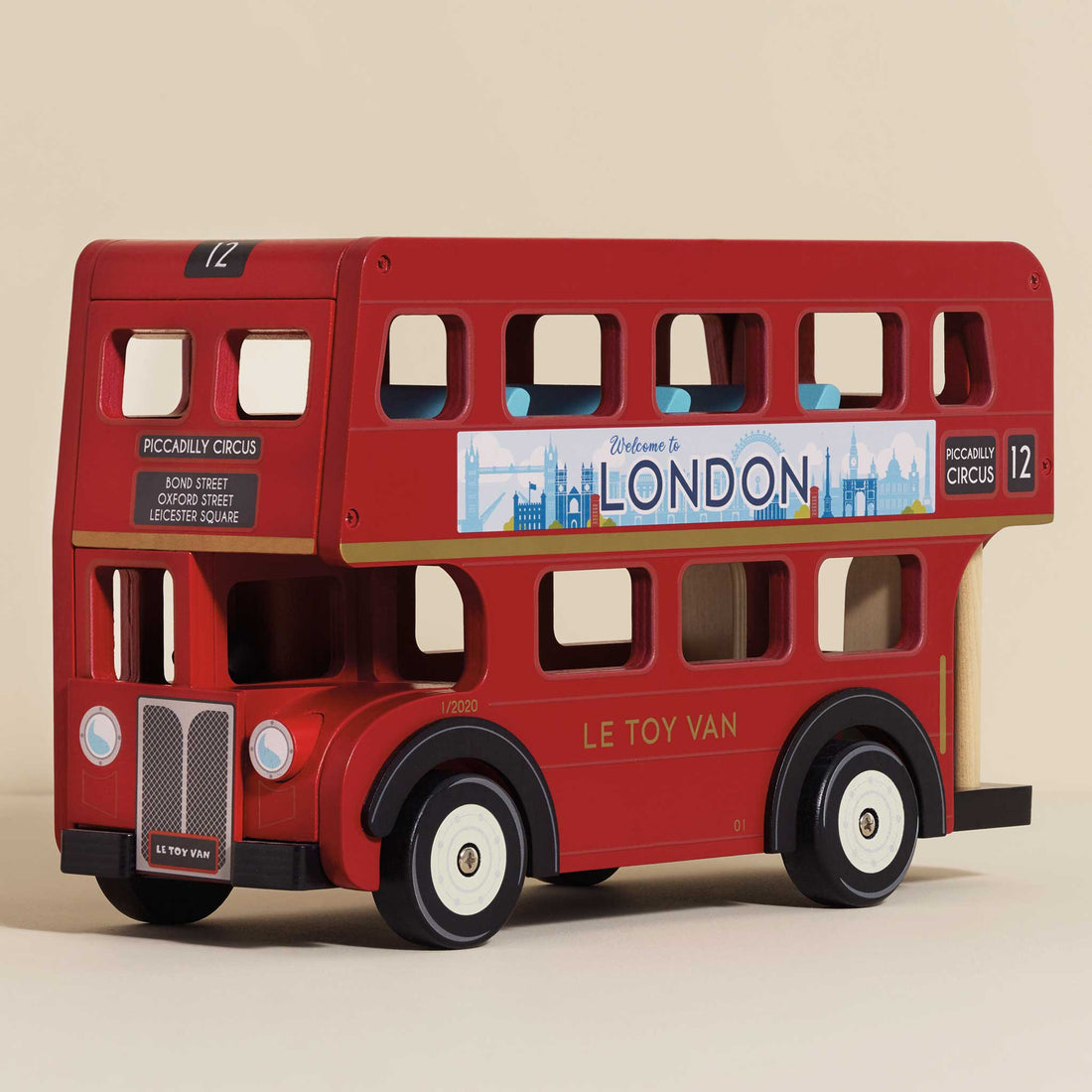 Ley Toy Van Wooden Red London Bus Toy featuring a classic double-decker design with detailed signage and durable wooden wheels.