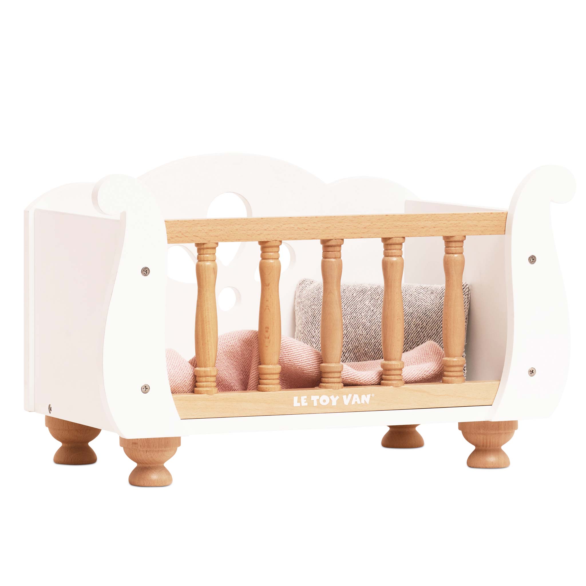 Ley Toy Van Dolls Cot crib cradle made from FSC wood with turned wooden feet and bedding, ideal for pretend play for kids aged 3+.